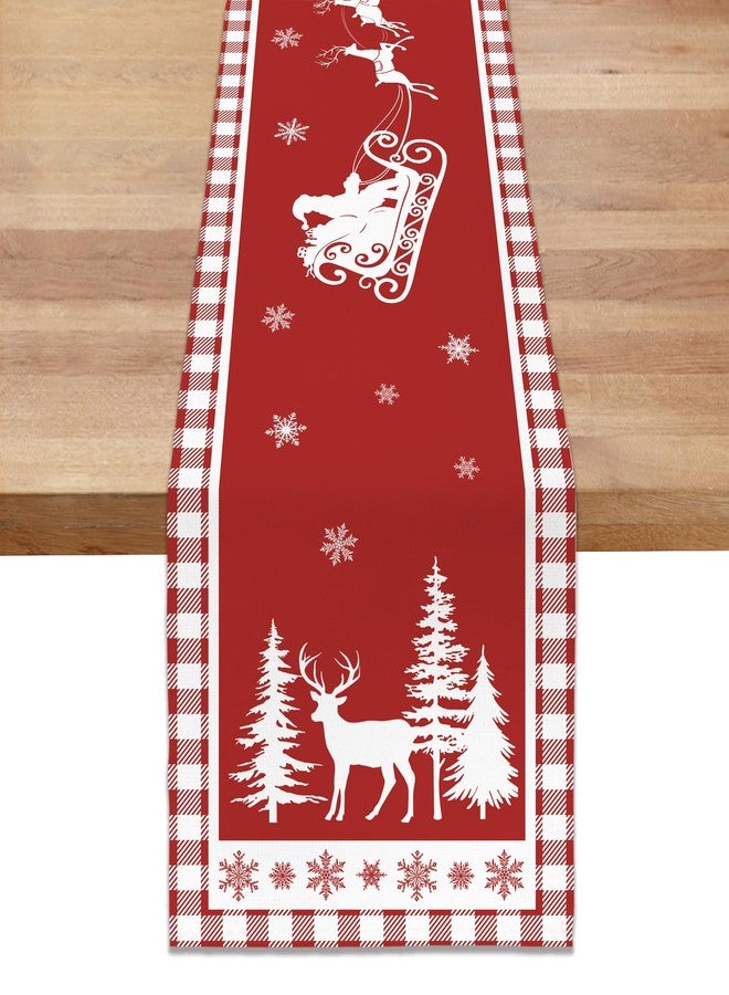 Bonhause Christmas Deer Pine Tree Table Runner 13x72 Inch Red White Buffalo Plaid Seasonal Winter Holiday Kitchen Dining Table Decoration for Indoor Outdoor Home Party Decor - Image 1