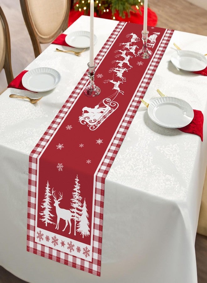 Bonhause Christmas Deer Pine Tree Table Runner 13x72 Inch Red White Buffalo Plaid Seasonal Winter Holiday Kitchen Dining Table Decoration for Indoor Outdoor Home Party Decor - Image 2