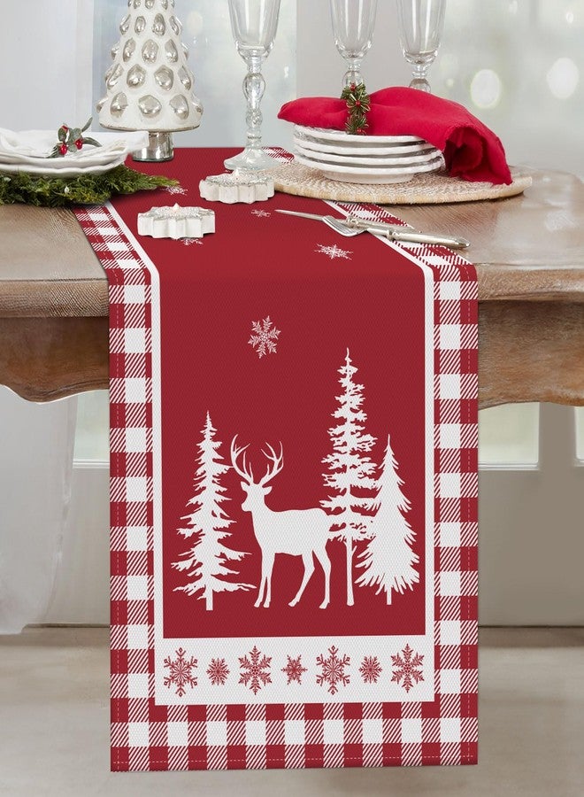 Bonhause Christmas Deer Pine Tree Table Runner 13x72 Inch Red White Buffalo Plaid Seasonal Winter Holiday Kitchen Dining Table Decoration for Indoor Outdoor Home Party Decor - Image 3