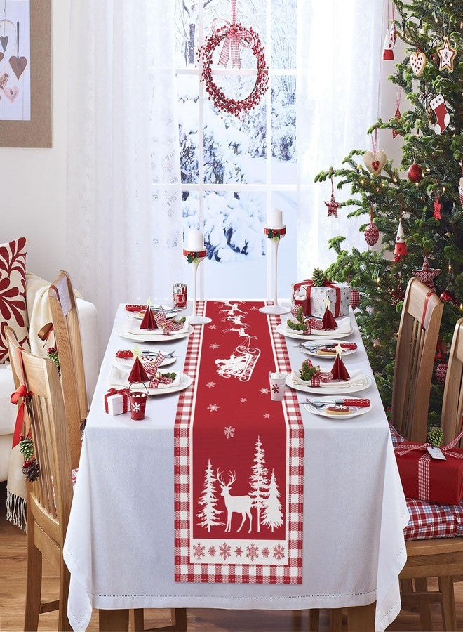 Bonhause Christmas Deer Pine Tree Table Runner 13x72 Inch Red White Buffalo Plaid Seasonal Winter Holiday Kitchen Dining Table Decoration for Indoor Outdoor Home Party Decor - Image 4