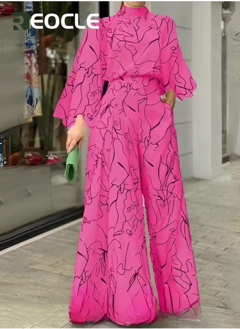 REOCLE Elegant Jumpsuit Waist-cinching Lace-up Long-sleeved Trousers Printed Jumpsuit Fashionable Printed Design Stand-up Collar Design Waist-cinching Design  - Image 2