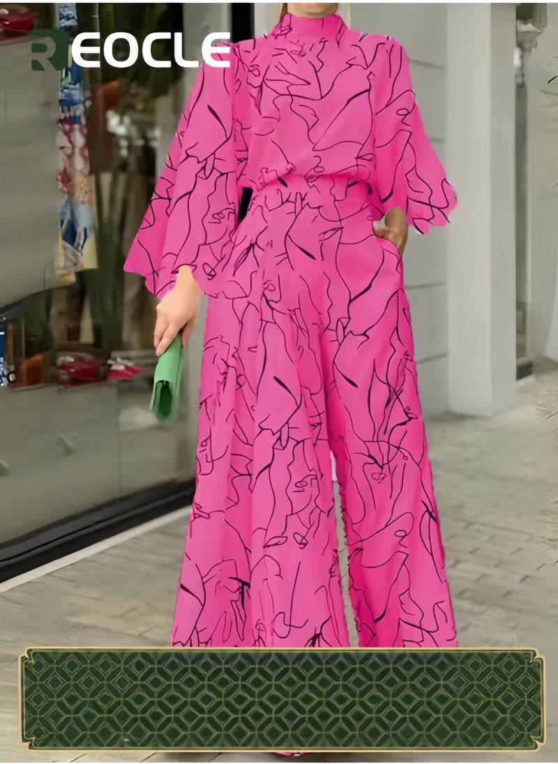 REOCLE Elegant Jumpsuit Waist-cinching Lace-up Long-sleeved Trousers Printed Jumpsuit Fashionable Printed Design Stand-up Collar Design Waist-cinching Design  - Image 1