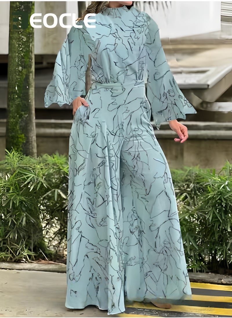 REOCLE Elegant Jumpsuit Waist-cinching Lace-up Long-sleeved Trousers Printed Jumpsuit Fashionable Printed Design Stand-up Collar Design Waist-cinching Design  - Image 5
