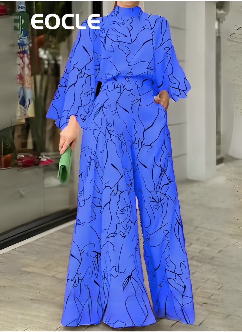 REOCLE Elegant Jumpsuit Waist-cinching Lace-up Long-sleeved Trousers Printed Jumpsuit Fashionable Printed Design Stand-up Collar Design Waist-cinching Design  - Image 4