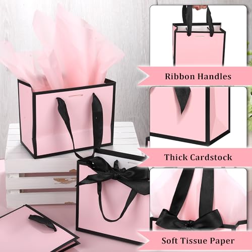 MIMIND 50 PCS Small Pink Gift Bags with Handles, Party Favor Bags Bulk with Tissue Paper & Ribbons, 6.3 x 5.1 x 3.1 Inch Treat Bags for Weddings Baby Showers Events Party Supplies - Image 3