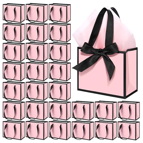 MIMIND 50 PCS Small Pink Gift Bags with Handles, Party Favor Bags Bulk with Tissue Paper & Ribbons, 6.3 x 5.1 x 3.1 Inch Treat Bags for Weddings Baby Showers Events Party Supplies - Image 1