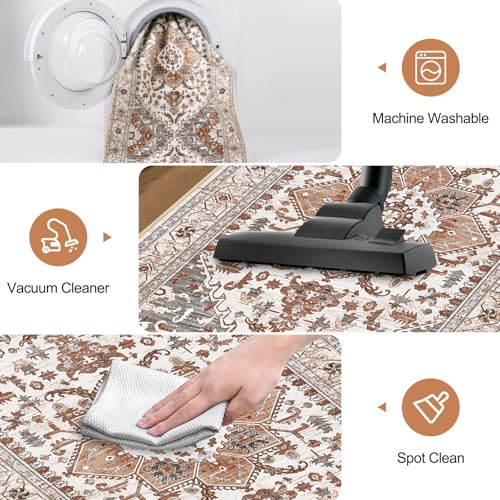 Yamaziot Washable Runner Rug, 2x8 Non-Slip Boho Vintage Hallway Rug Runner with Rubber Backing, Low Pile Faux Wool Distressed Carpet Runner for Bedroom, Kitchen, Laundry, Entrance, Ginger Grey - Image 5