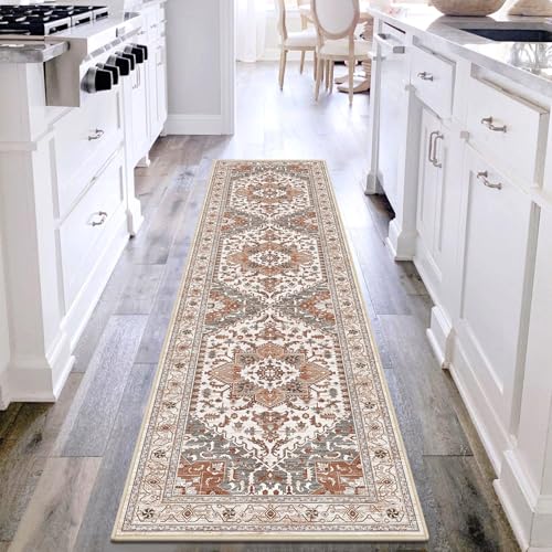 Yamaziot Washable Runner Rug, 2x8 Non-Slip Boho Vintage Hallway Rug Runner with Rubber Backing, Low Pile Faux Wool Distressed Carpet Runner for Bedroom, Kitchen, Laundry, Entrance, Ginger Grey - Image 1