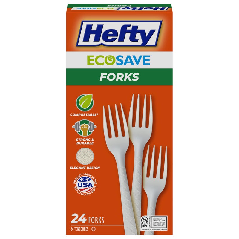 Hefty ECOSAVE Compostable Forks, Disposable Forks for BBQs, Tailgates, Camping, Parties, and More, Strong and Durable Construction, Sustainable Design, 24 Count - Image 1