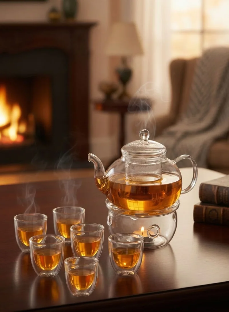 1 تشيس طقم شاي من زجاج البوروسيليكات مع سخان، إبريق شاي بسعة 600 مل مع مصفاة + سخان شاي زجاجي + 6 أكواب بجدار مزدوج (80 مل)، طقم صنع شاي أوراق سائبة مقاوم للحرارة