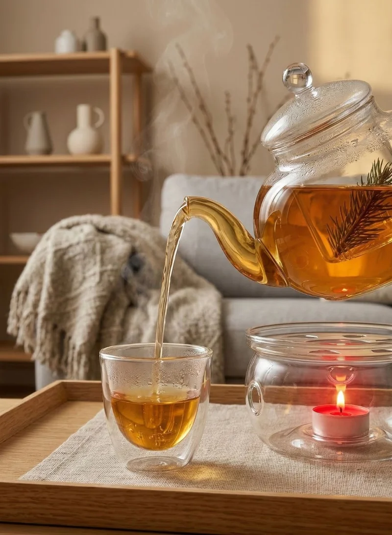 1Chase Classic Clear Borosilicate Glass Tea Set with Warmer, 600ML Infuser Teapot + Glass Tea Warmer + 6 Double Wall Cups (80ML), Heat-Resistant Loose Leaf Tea Maker Set  | Best Price UAE