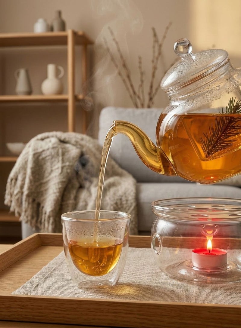 1 تشيس طقم شاي من زجاج البوروسيليكات مع سخان، إبريق شاي بسعة 600 مل مع مصفاة + سخان شاي زجاجي + 6 أكواب بجدار مزدوج (80 مل)، طقم صنع شاي أوراق سائبة مقاوم للحرارة - Image 3