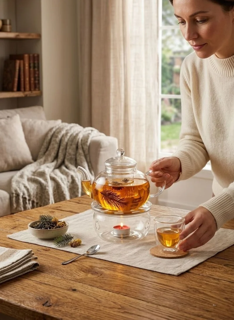 1Chase Classic Clear Borosilicate Glass Tea Set with Warmer, 600ML Infuser Teapot + Glass Tea Warmer + 6 Double Wall Cups (80ML), Heat-Resistant Loose Leaf Tea Maker Set  | Best Price UAE