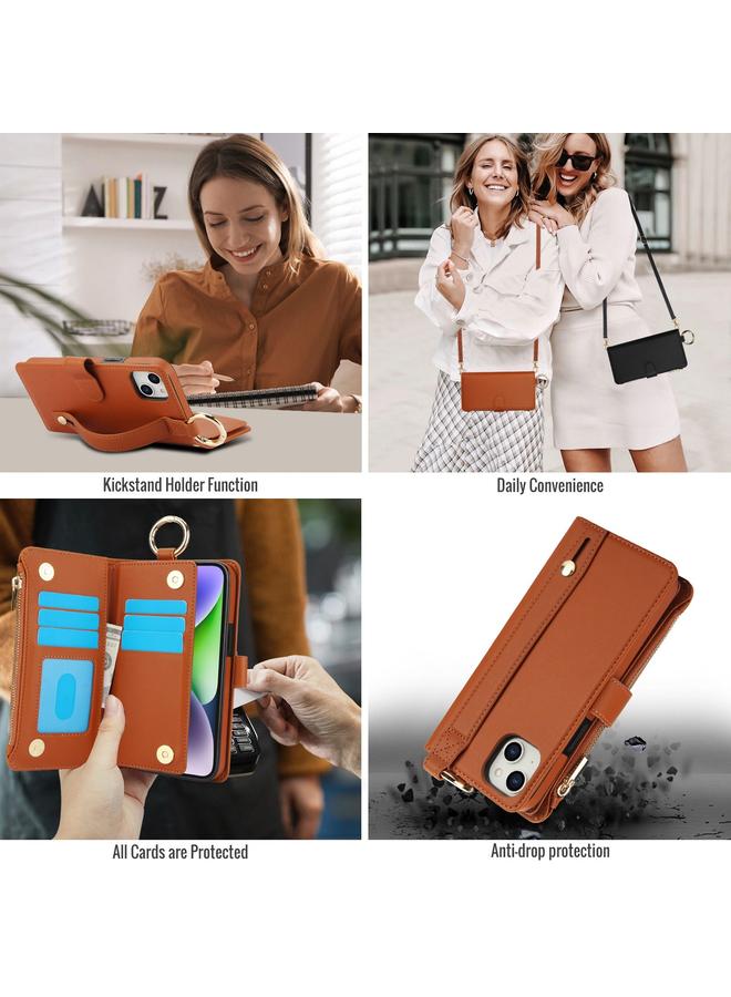 erorex Case For iPhone 15 Crossbody Ring Multifunctional Wallet Leather Phone Case - Image 4