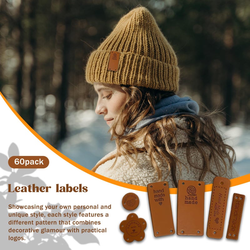 Pcmursal 60Pcs Handmade Leather Tags for Crochet Items, Handmade with Love Tags Faux Leather Labels - Image 5