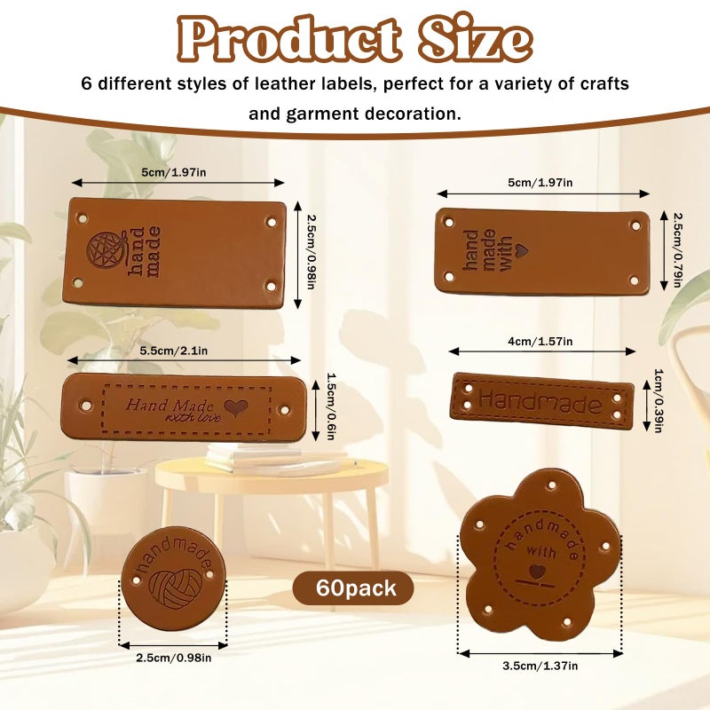 Pcmursal 60Pcs Handmade Leather Tags for Crochet Items, Handmade with Love Tags Faux Leather Labels - Image 2