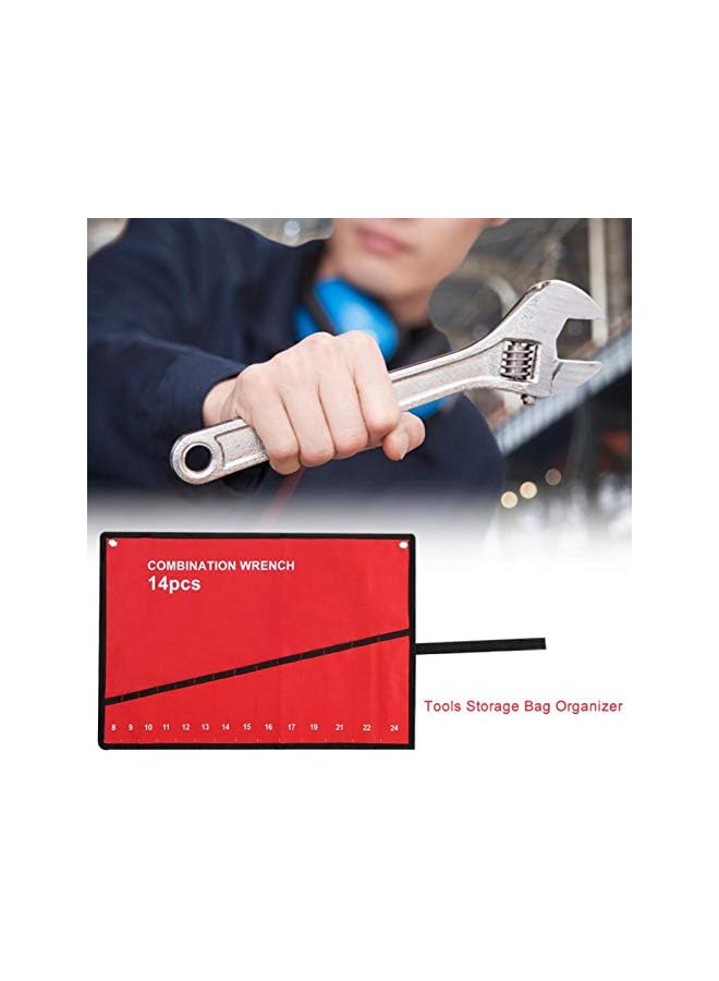 Junluck Roll Up Tools Bag, Red Storage Bag Spanner Plier Wrench Holder Canvas Organizer for Tools Storage Use(14 ports) - Image 2
