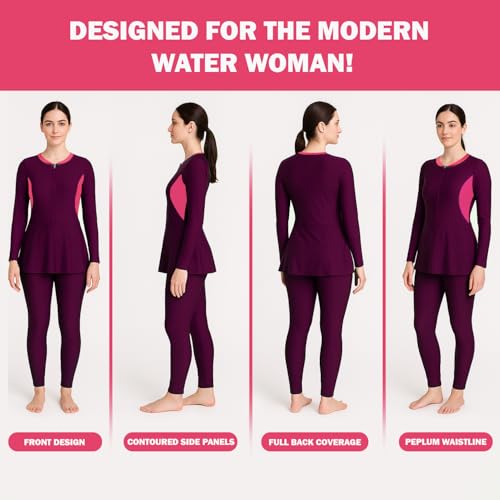 Hacer Frock Style Swimwear with Padde Full Sleeve Bodysuit Swimming Costume Full-Length One Piece Swimsuit for Pool Beach Women (S, 32, Wine) - Image 3