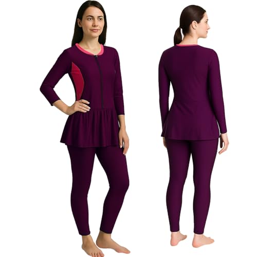 Hacer Frock Style Swimwear with Padde Full Sleeve Bodysuit Swimming Costume Full-Length One Piece Swimsuit for Pool Beach Women (S, 32, Wine) - Image 1