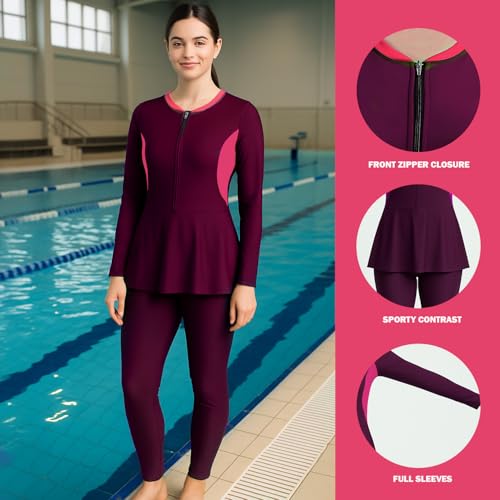 Hacer Frock Style Swimwear with Padde Full Sleeve Bodysuit Swimming Costume Full-Length One Piece Swimsuit for Pool Beach Women (S, 32, Wine) - Image 4