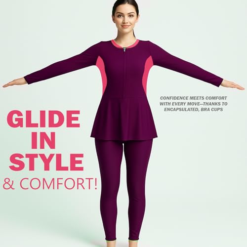 Hacer Frock Style Swimwear with Padde Full Sleeve Bodysuit Swimming Costume Full-Length One Piece Swimsuit for Pool Beach Women (S, 32, Wine) - Image 2