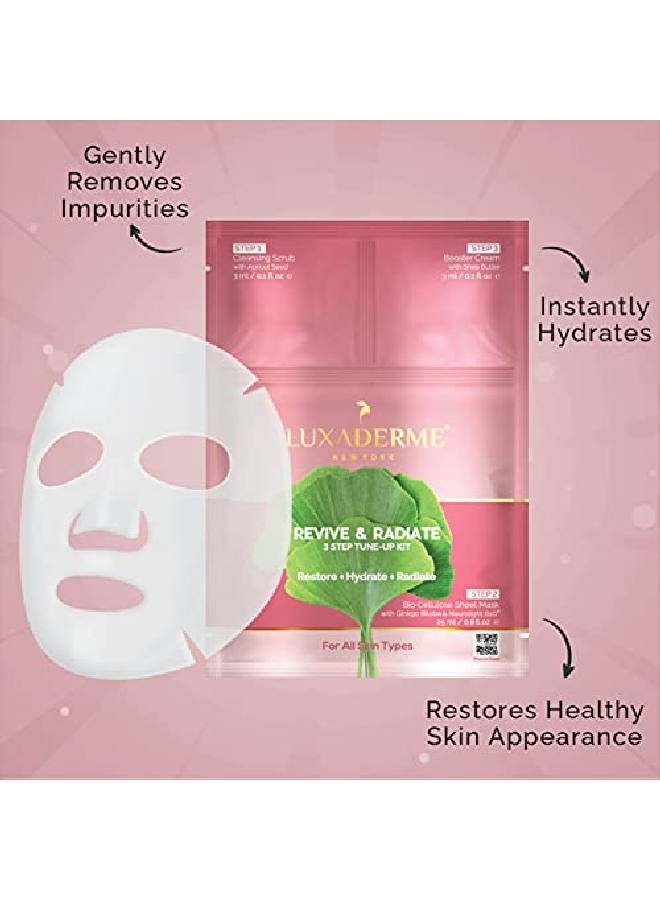 LuxaDerme Revive & Radiate 3 Step Tuneup Kit Cleansing Scrub + Bio Cellulose Serum Face Sheet Mask + Moisturizing Booster Cream Athome Facial With Brightening & Radiating Effect (Pack Of 1)  - Image 3