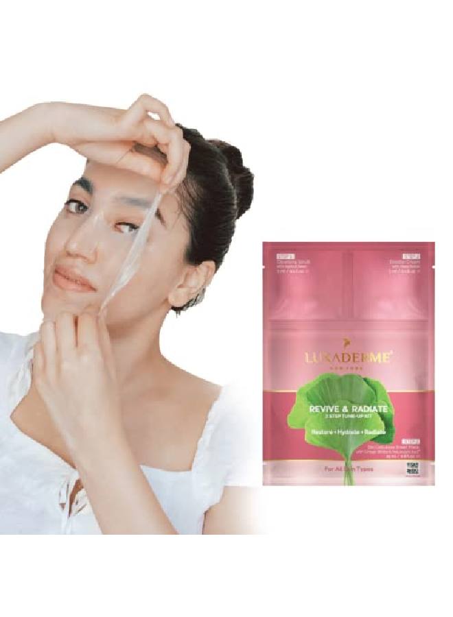LuxaDerme Revive & Radiate 3 Step Tuneup Kit Cleansing Scrub + Bio Cellulose Serum Face Sheet Mask + Moisturizing Booster Cream Athome Facial With Brightening & Radiating Effect (Pack Of 1)  - Image 2
