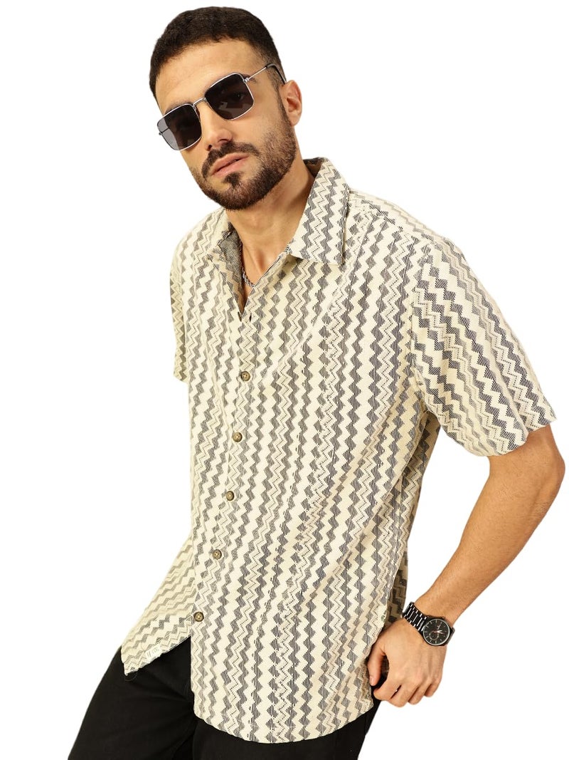 Thomas Scott Mens Half Sleeves Cotton Blend Crochet Textured Shirt (TS1447_Beige, 2XL) - Image 1