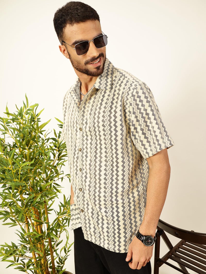 Thomas Scott Mens Half Sleeves Cotton Blend Crochet Textured Shirt (TS1447_Beige, 2XL) - Image 2