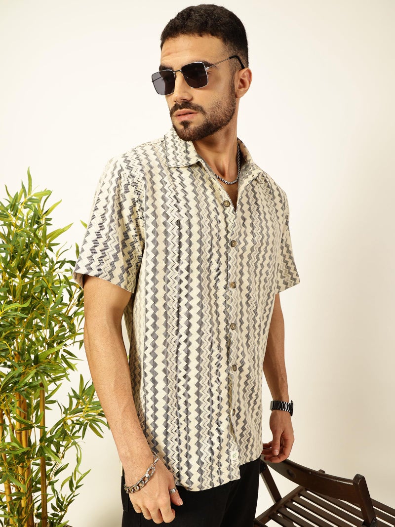 Thomas Scott Mens Half Sleeves Cotton Blend Crochet Textured Shirt (TS1447_Beige, 2XL) - Image 3