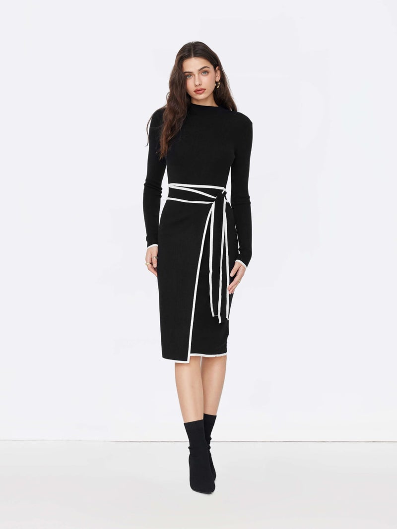 CIDER Sweater Dress for Women Long Sleeve Dress Mock Turtleneck Bow Tie Midi Work Dresses Old Money Business Casual: Black, XL - Image 3