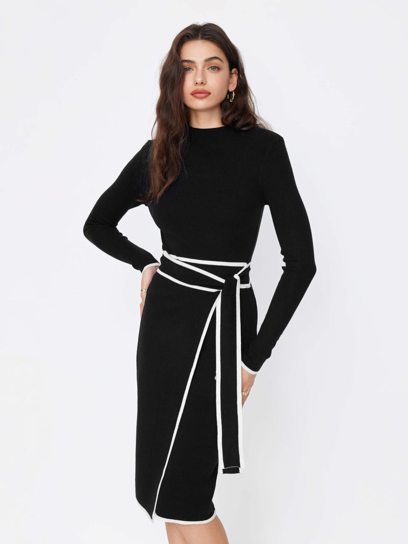 CIDER Sweater Dress for Women Long Sleeve Dress Mock Turtleneck Bow Tie Midi Work Dresses Old Money Business Casual: Black, XL - Image 4