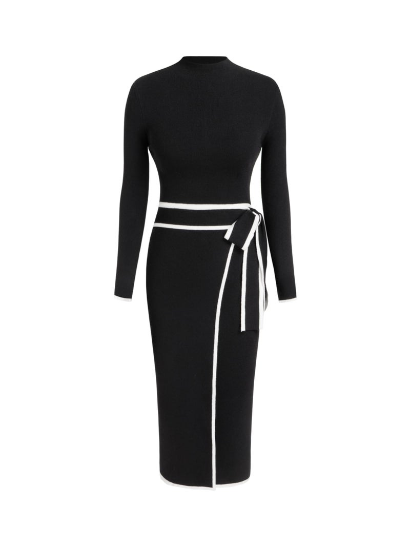 CIDER Sweater Dress for Women Long Sleeve Dress Mock Turtleneck Bow Tie Midi Work Dresses Old Money Business Casual: Black, XL - Image 1