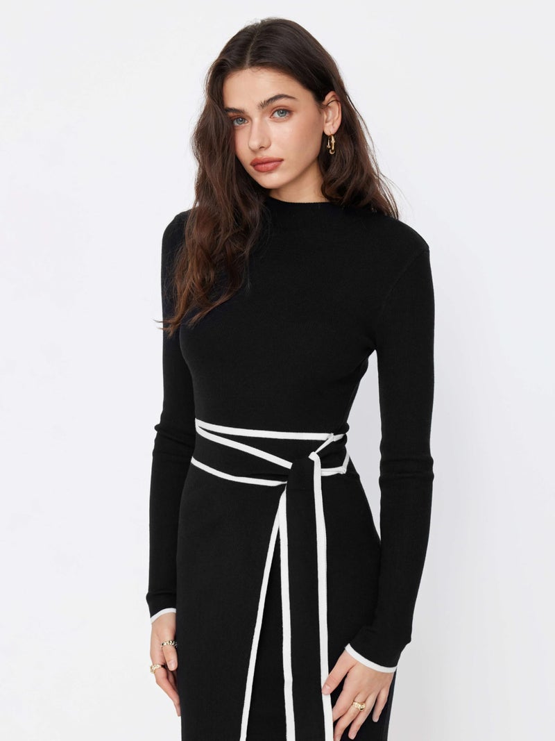 CIDER Sweater Dress for Women Long Sleeve Dress Mock Turtleneck Bow Tie Midi Work Dresses Old Money Business Casual: Black, XL - Image 5