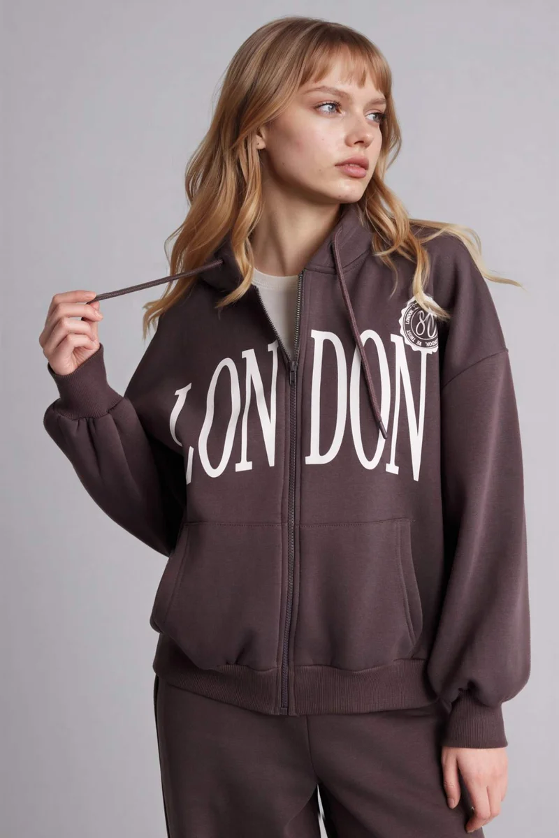 ديفاكتو Oversize Fit Printed Thick Fabric Zip-Up Hoodie