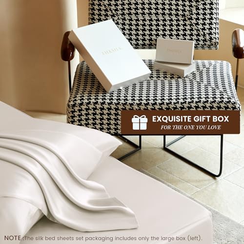 THXSILK Luxury Mulberry Silk Fitted Sheet Set 3 Pcs, King Silk Bed Sheet Set with 16" Deep Pockets, Soft & Cooling Sheets, 1 Fitted Sheet, 2 Pillowcases with Zipper Closure - White - Image 5