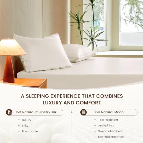 THXSILK Luxury Mulberry Silk Fitted Sheet Set 3 Pcs, King Silk Bed Sheet Set with 16" Deep Pockets, Soft & Cooling Sheets, 1 Fitted Sheet, 2 Pillowcases with Zipper Closure - White - Image 4
