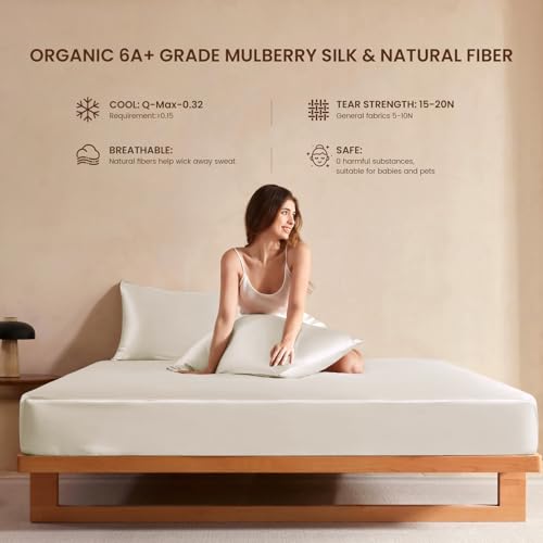 THXSILK Luxury Mulberry Silk Fitted Sheet Set 3 Pcs, King Silk Bed Sheet Set with 16" Deep Pockets, Soft & Cooling Sheets, 1 Fitted Sheet, 2 Pillowcases with Zipper Closure - White - Image 2