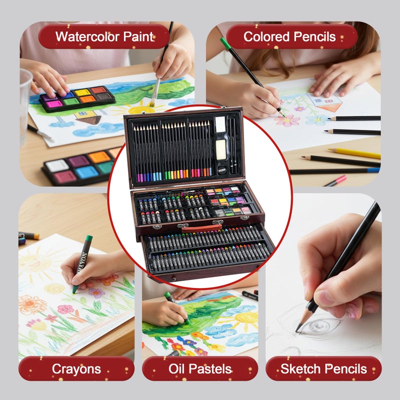 GOTIDEAL 143 Piece Kids Art Kits,Art Supplies with 3 Drawing Pads,Waterclolr Paints,Crayons,Colored Pencils,Paint Set in Wooden Case,Professional Art Kit Gift,Kids,Teens,Beginnersï¼ˆAuburnï¼‰ - Image 3