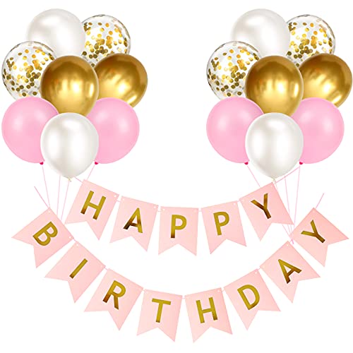 Lazybeee Happy Birthday Banner Bunting Pink and Gold Party Balloons Confetti Latex Balloon Party Banners for Women Girls Birthday Banner Decorations - Image 1