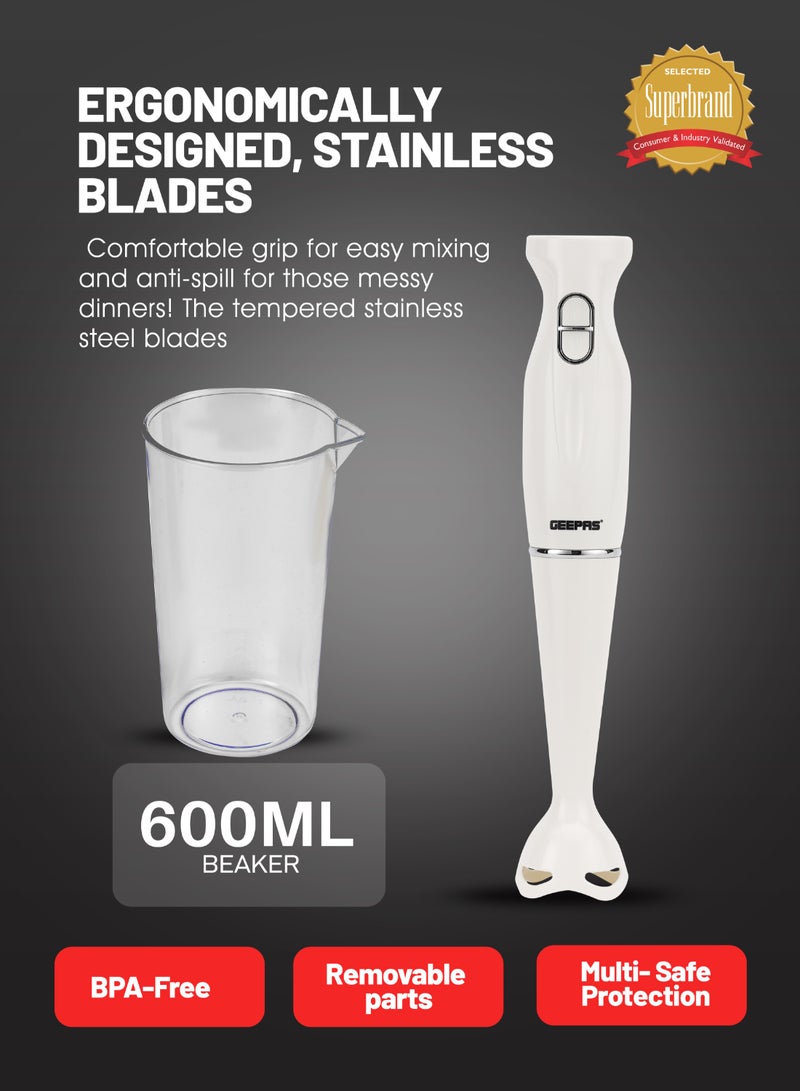 GEEPAS Hand Blender , 2 Speed, Stainless Steel Blade | Low Noise DC Motor | Detachable Stick | Ideal for Making Smoothies, Milk Shakes, Baby Food | Anti-Splash White Guard GHB6143 White - Image 2