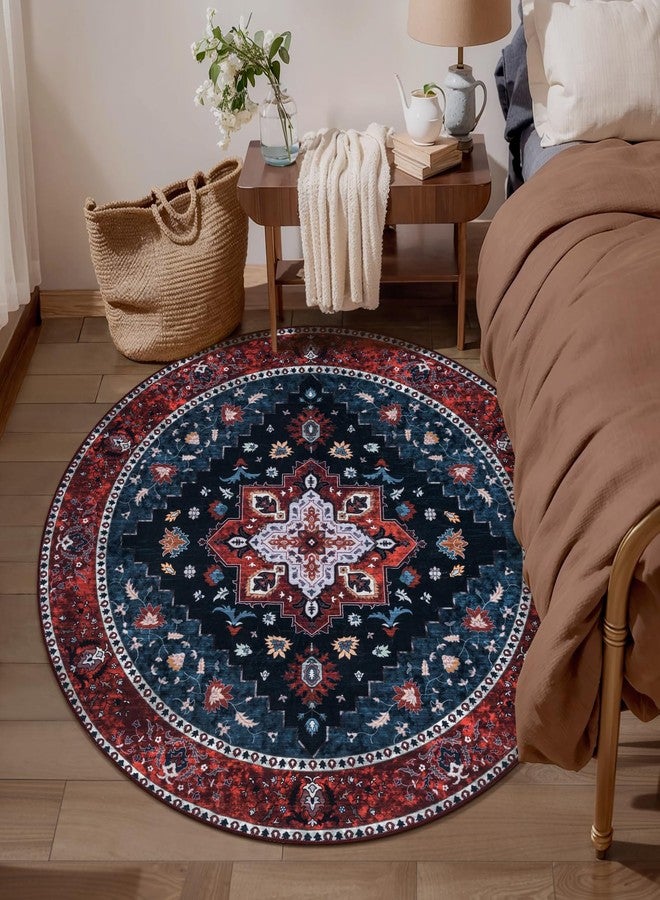 Ciicool Boho Area Rug 4x4ft Round Washable Bedroom Non-Slip Vintage Entryway Throw Low-Pile Indoor Carpet for Living Room Foyer - Image 4