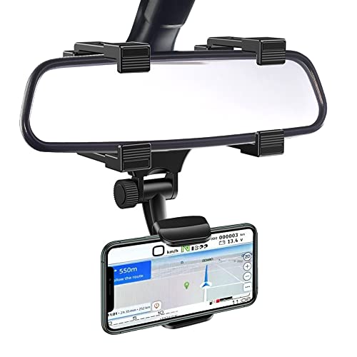 VAGURFO Rear View Mirror Phone Holder Mount, Car Phone Bracket/Stand with 270° Swivel and Adjustable Clips, Universal Smartphone Cradle, Black - Image 1