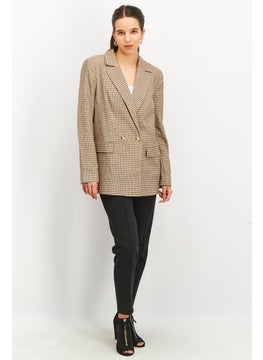 Tchibo Women Comfort Fit Checkered Casual Blazer, Brown Combo  - Image 2