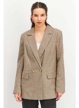 Tchibo Women Comfort Fit Checkered Casual Blazer, Brown Combo  - Image 1