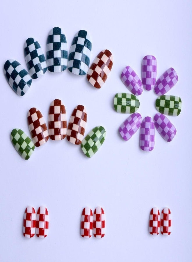 HJKDSFD 24 Pcs Short Press on Nails Colorful Checkerboard Fake Nails Almond Acrylic False Nails Glossy Design Cute Reusable Artificial Glue on Nail Short Oval Stick on Nail for Women Girls - Image 3