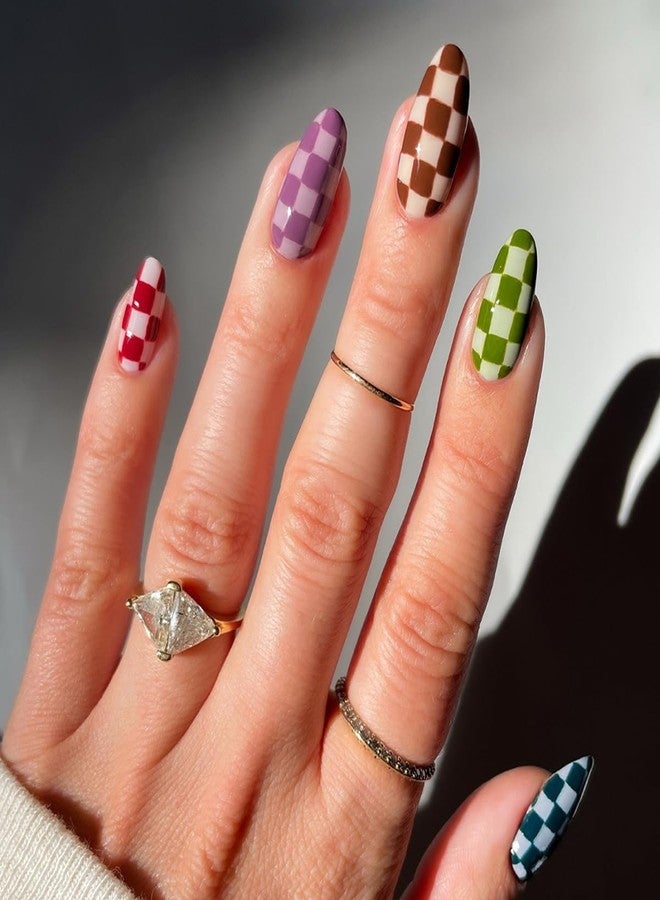 HJKDSFD 24 Pcs Short Press on Nails Colorful Checkerboard Fake Nails Almond Acrylic False Nails Glossy Design Cute Reusable Artificial Glue on Nail Short Oval Stick on Nail for Women Girls - Image 2