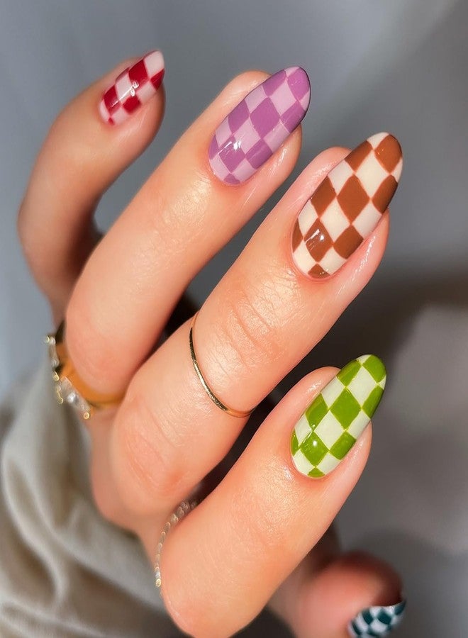 HJKDSFD 24 Pcs Short Press on Nails Colorful Checkerboard Fake Nails Almond Acrylic False Nails Glossy Design Cute Reusable Artificial Glue on Nail Short Oval Stick on Nail for Women Girls - Image 1