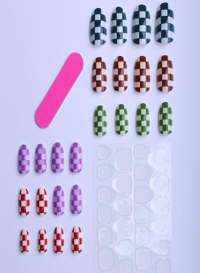 HJKDSFD 24 Pcs Short Press on Nails Colorful Checkerboard Fake Nails Almond Acrylic False Nails Glossy Design Cute Reusable Artificial Glue on Nail Short Oval Stick on Nail for Women Girls - Image 4