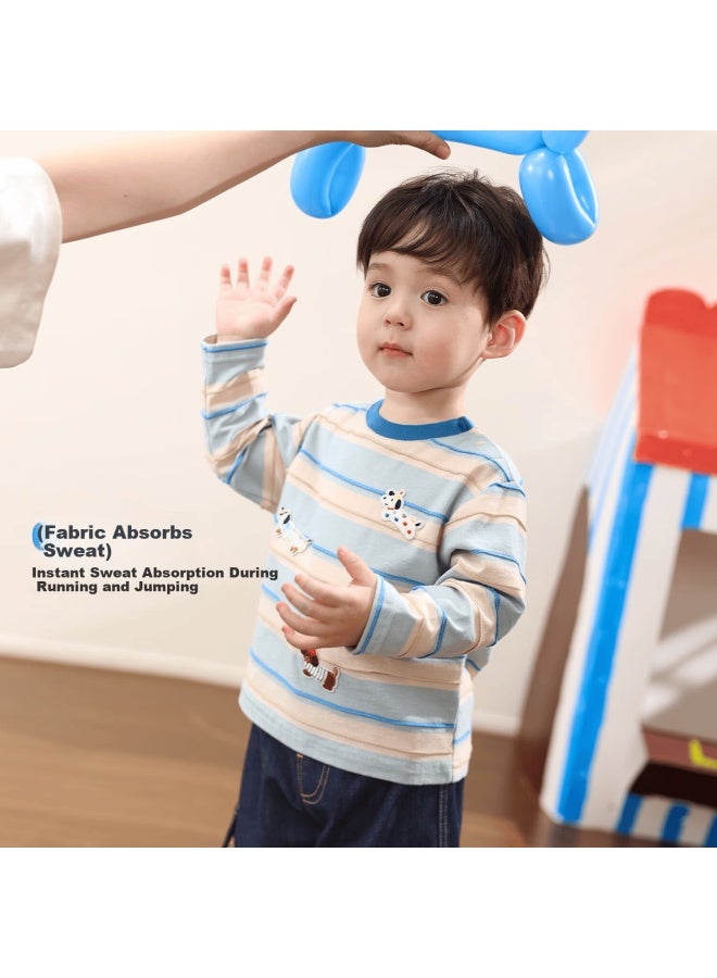 Luson Little O Dad Baby Boys Long Sleeve T-shirt New Spring Autumn Colorblock Puppy Embroidery Baby Striped Top - Image 1